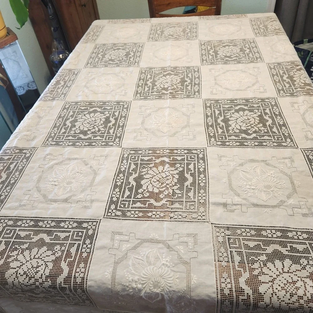 Vtg Filet Lace And Embroidered Panels Patchwork Tablecloth Cottagecore 66 X 88
